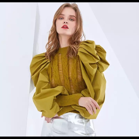 New Bishop Puff Sleeves Distress Crew neck Black color Pull on Sweater - Picture 11 of 12